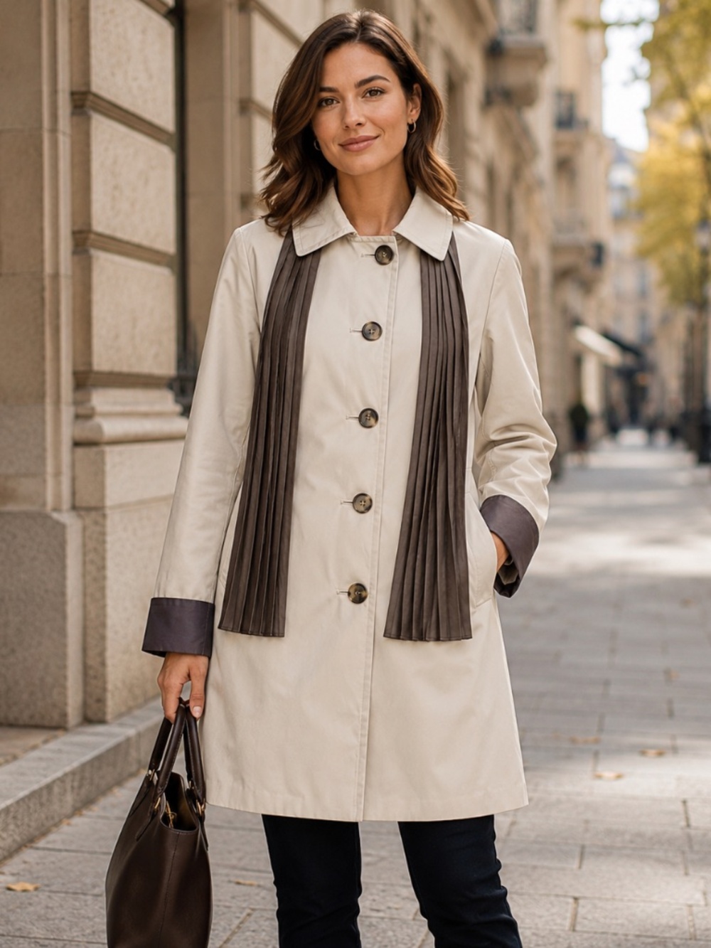Classic Quiet Luxury London Fog Beige  Brown Trench Coat Pleated Scarf Size L